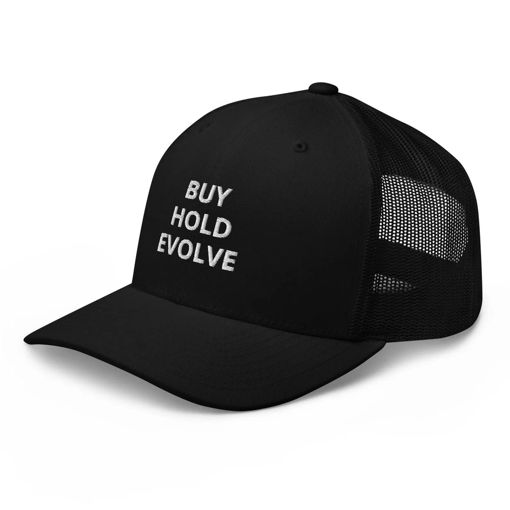 Zwarte trucker cap met geborduurde tekst buy hold evolve